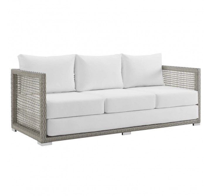 Modway Aura Outdoor Patio Wicker Rattan Sofa - Gray White - Front Side Angle