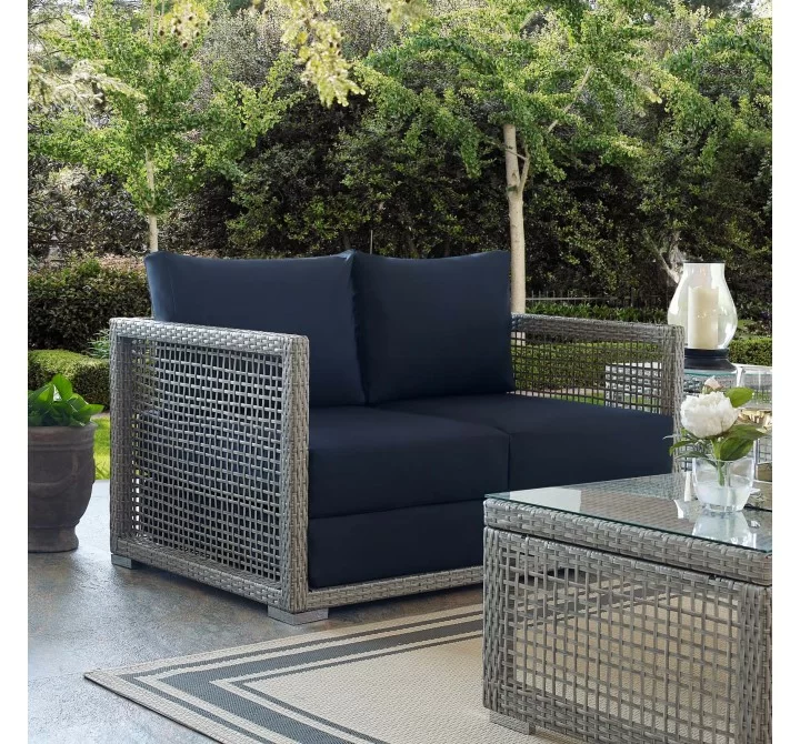 Modway Aura Outdoor Patio Wicker Rattan Loveseat - Gray Navy - Lifestyle