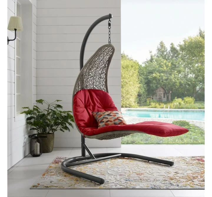 Modway Landscape Hanging Chaise Lounge Outdoor Patio Swing Chair - Light Gray Red - Lifestyle