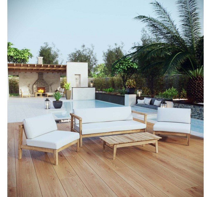 Modway Bayport 4 Piece Outdoor Patio Teak Set - Natural White - Lifestyle