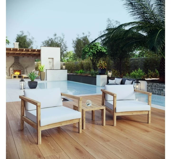 Modway Bayport 3 Piece Outdoor Patio Teak Set - Natural White - Lifestyle