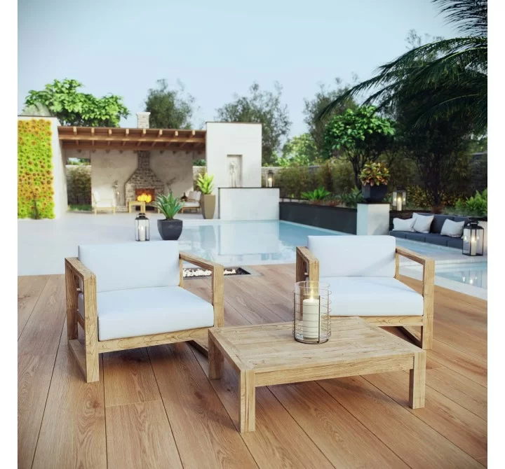 Modway Upland 3 Piece Outdoor Patio Teak Set - Natural White - Lifestyle