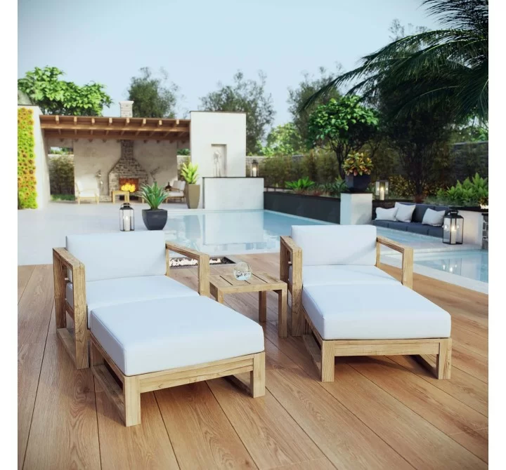 Modway Upland 5 Piece Outdoor Patio Teak Set - Natural White - Lifestyle