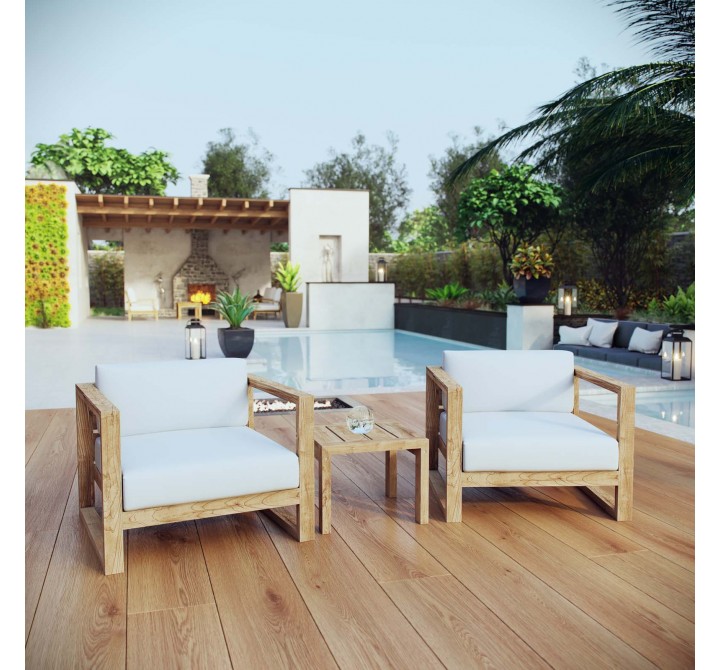 Modway Upland 3 Piece Outdoor Patio Teak Set - Natural White - Lifestyle