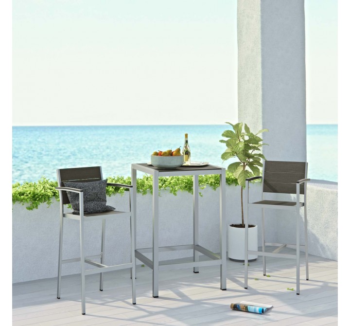 Modway Shore 3 Piece Outdoor Patio Aluminum Pub Set - Silver Gray - Lifestyle