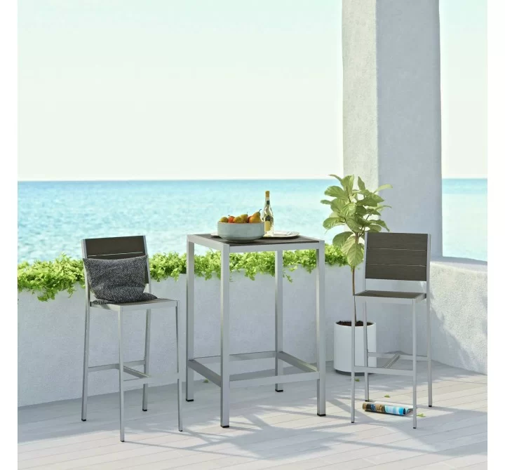 Modway Shore 3 Piece Outdoor Patio Aluminum Pub Set - Silver Gray - Lifestyle