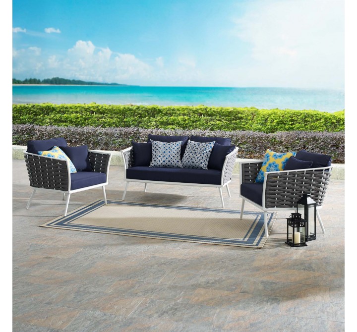 Modway Stance 3 Piece Outdoor Patio Aluminum Sectional Sofa Set - White Navy - Lifestyle