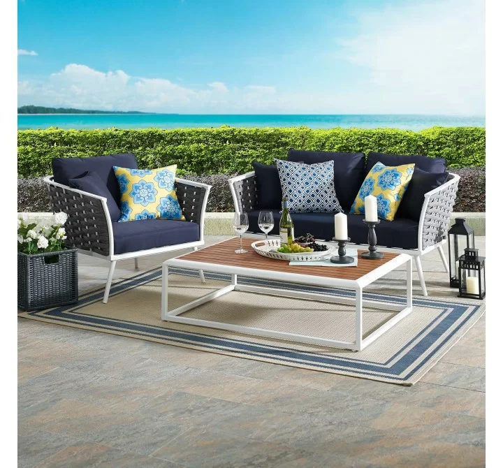 Modway Stance 3 Piece Outdoor Patio Aluminum Sectional Sofa Set - White Navy - Lifestyle
