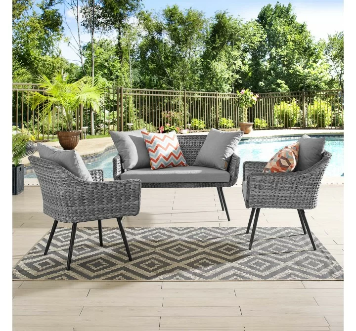 Modway Endeavor 3 Piece Outdoor Patio Wicker Rattan Loveseat and Armchair Set - Gray Gray - Lifestyle