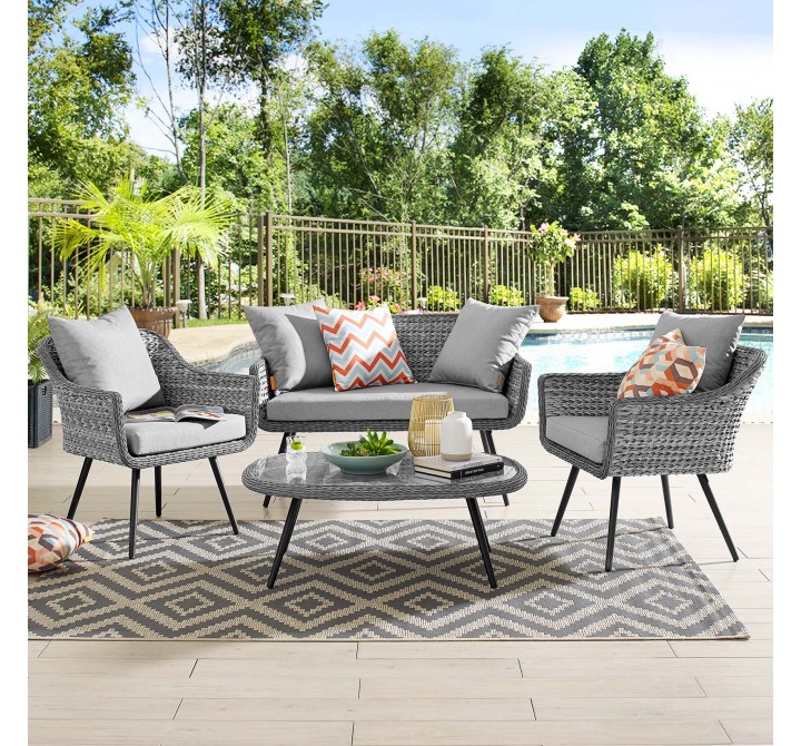 Modway Endeavor 4 Piece Outdoor Patio Wicker Rattan Loveseat Armchair and Coffee Table Set - Gray Gray - Lifestyle
