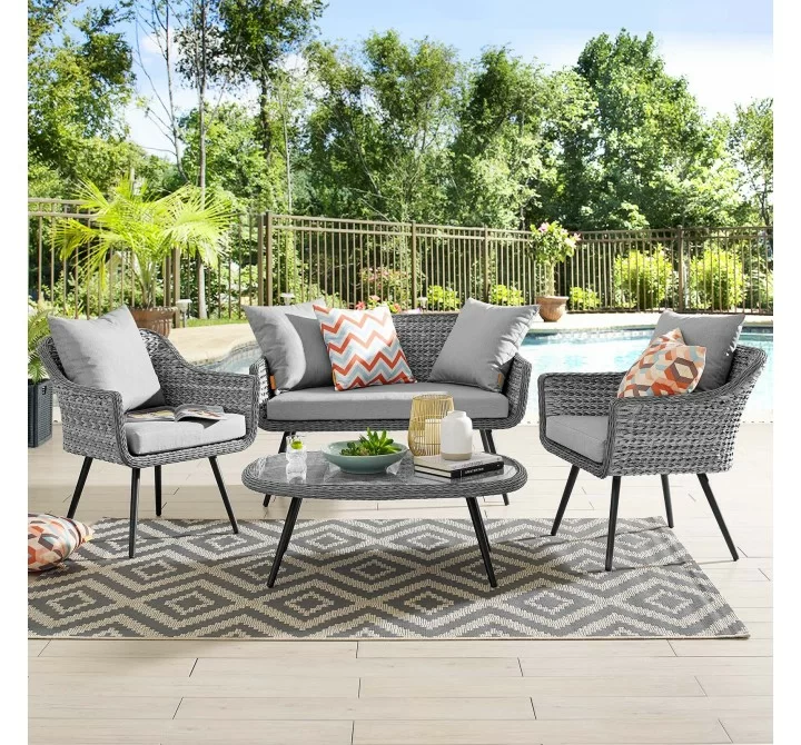Modway Endeavor 4 Piece Outdoor Patio Wicker Rattan Loveseat Armchair and Coffee Table Set - Gray Gray - Lifestyle