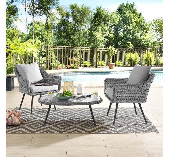 Modway Endeavor 3 Piece Outdoor Patio Wicker Rattan Armchair and Coffee Table Set - Gray Gray - Lifestyle