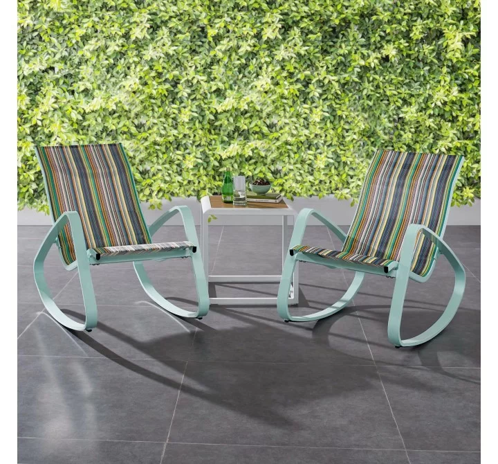 Modway Traveler Rocking Lounge Chair Outdoor Patio Mesh Sling in Green Stripe - Set of Two - Lifestyle