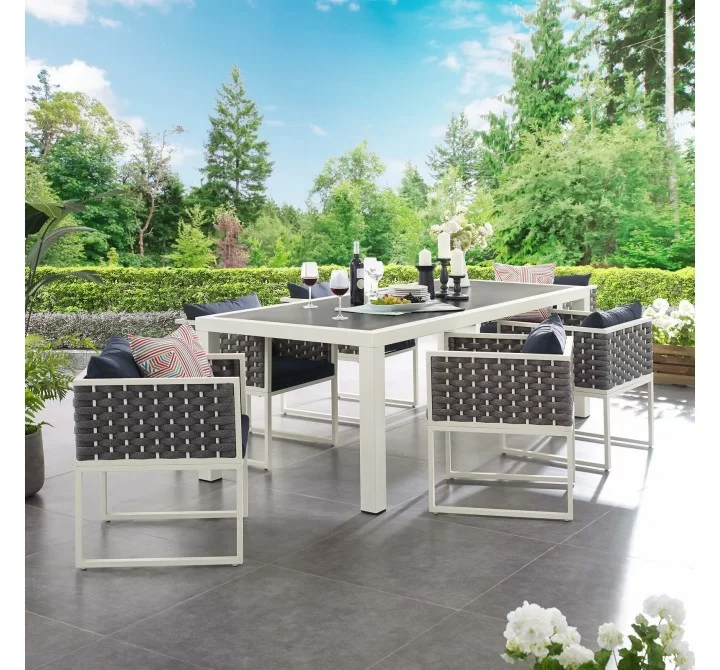 Modway Stance 7 Piece Outdoor Patio Aluminum Dining Set - White Navy - Lifestyle