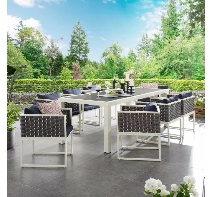 Modway Stance 9 Piece Outdoor Patio Aluminum Dining Set - Silver Navy - Lifestyle