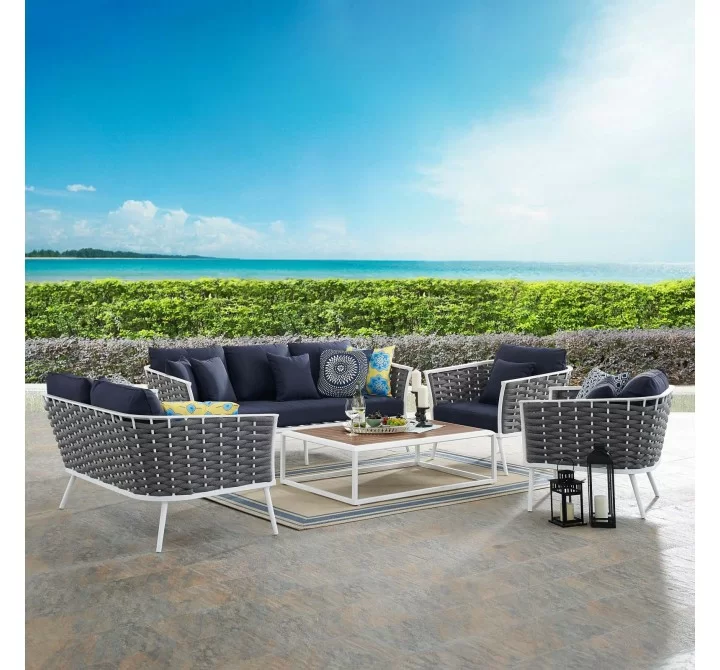 Modway Stance 5 Piece Outdoor Patio Aluminum Sectional Sofa Set - White Navy - Lifestyle