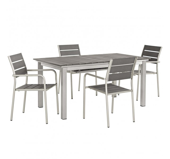Modway Shore 5 Piece Outdoor Patio Aluminum Dining Set - Silver Gray - Set in Front Side Angle