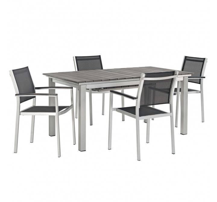 Modway Shore 5 Piece Outdoor Patio Aluminum Dining Set - Silver Black - Set in Front Side Angle