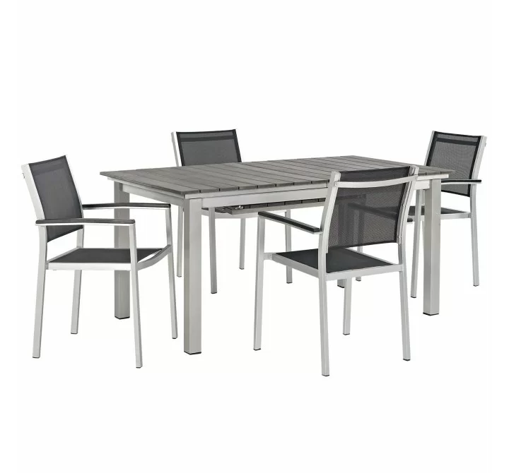 Modway Shore 5 Piece Outdoor Patio Aluminum Dining Set - Silver Black - Set in Front Side Angle