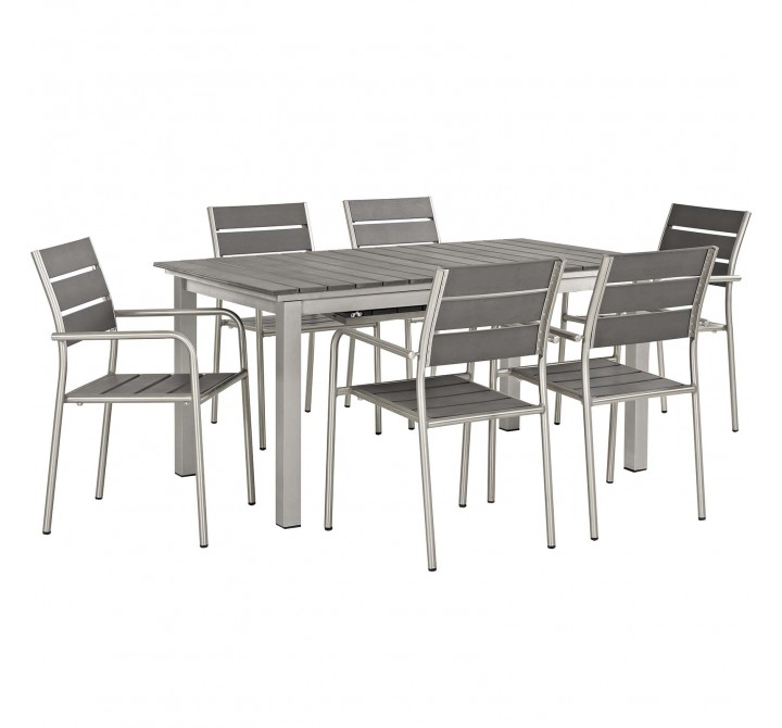 Modway Shore 7 Piece Outdoor Patio Aluminum Dining Set - Silver Gray - Set in Front Side Angle