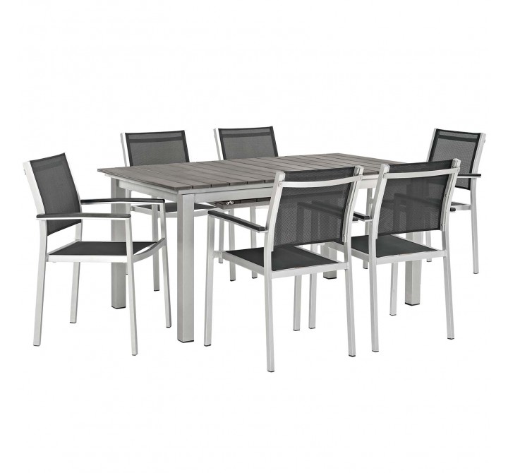 Modway Shore 7 Piece Outdoor Patio Aluminum Dining Set - Silver Black - Set in Front Side Angle