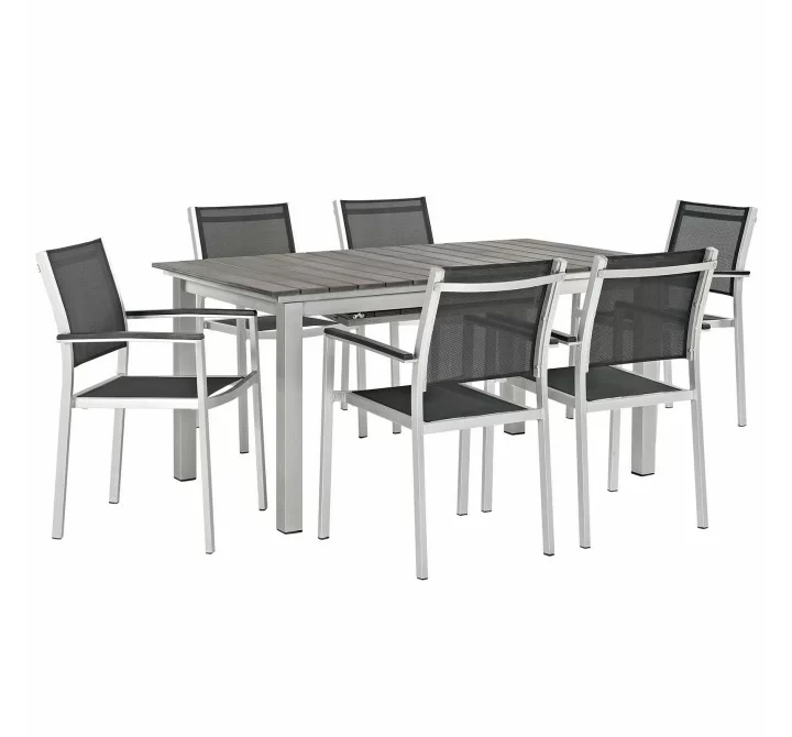 Modway Shore 7 Piece Outdoor Patio Aluminum Dining Set - Silver Black - Set in Front Side Angle