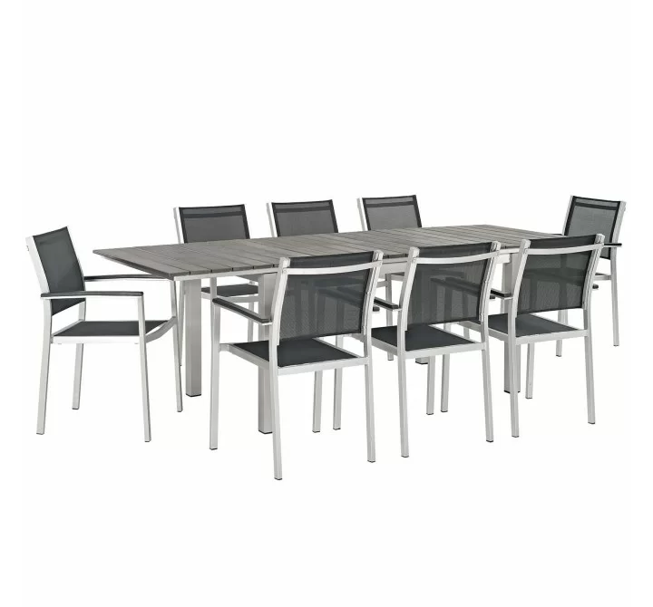 Modway Shore 9 Piece Outdoor Patio Aluminum Dining Set in Silver Black - Set in Front Side Angle