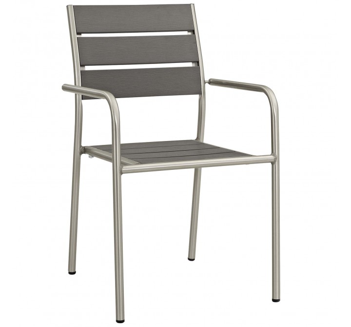Modway Shore Outdoor Patio Aluminum Dining Rounded Armchair in Silver Gray - Set of Two - Front Side Angle