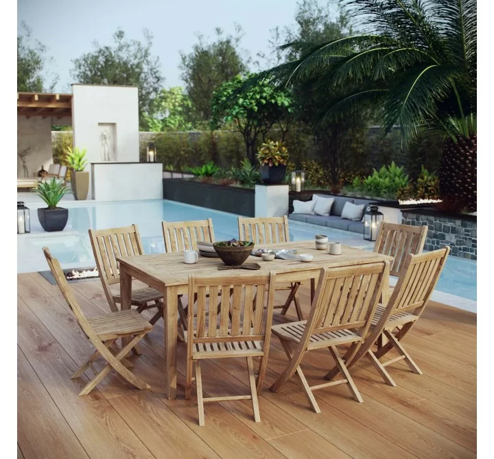 Modway Marina 9 Piece Outdoor Patio Teak Dining Set - Natural - Lifestyle