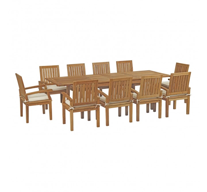 Modway Marina 11 Piece Outdoor Patio Teak Dining Set - Natural White - Set in Front Side Angle
