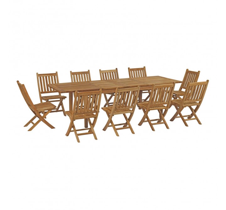 Modway Marina 11 Piece Outdoor Patio Teak Dining Set - Natural - Set in Front Side Angle