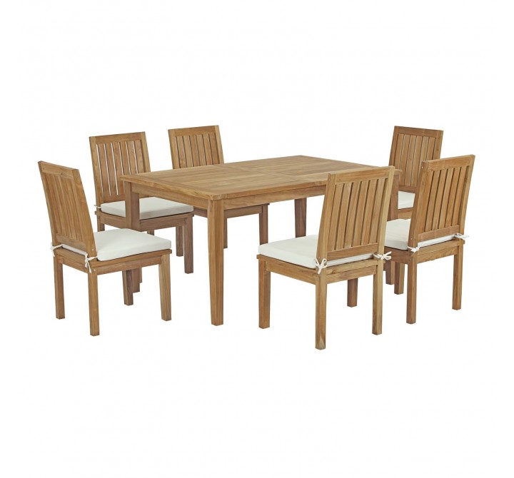Modway Marina 7 Piece Outdoor Patio Teak Dining Set - Natural White - Set in Front Side Angle