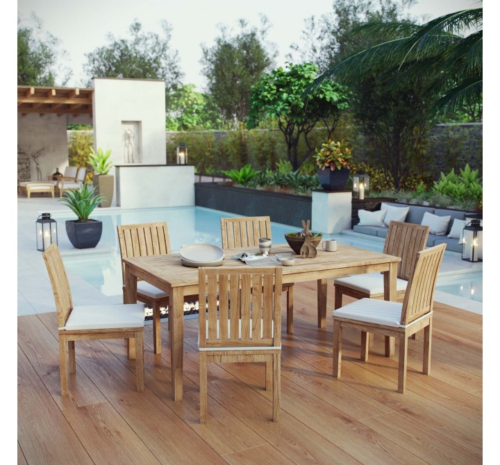 Modway Marina 7 Piece Outdoor Patio Teak Dining Set - Natural White - Lifestyle