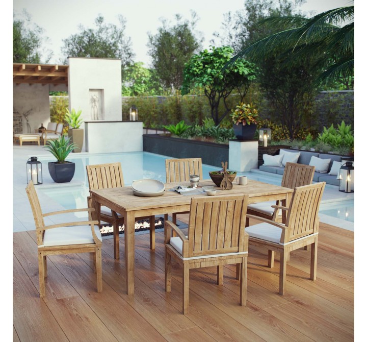 Modway Marina 7 Piece Outdoor Patio Teak Dining Set - Natural White - Lifestyle