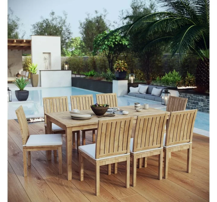 Modway Marina 9 Piece Outdoor Patio Teak Dining Set - Natural White - Lifestyle
