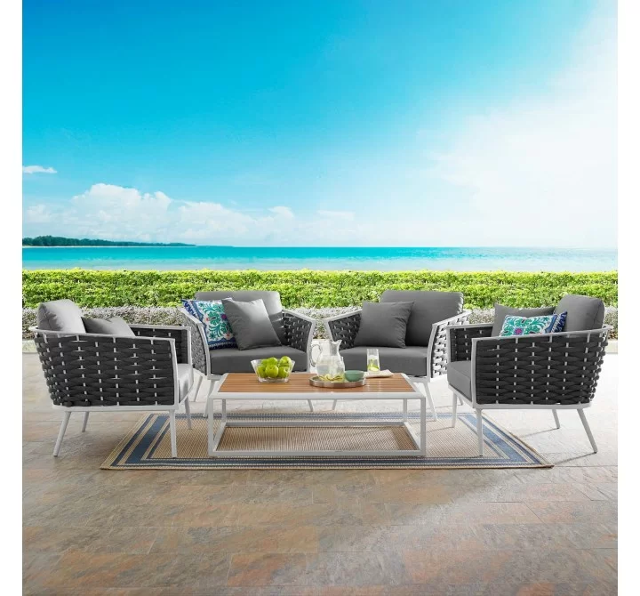 Modway Stance 5 Piece Outdoor Patio Aluminum Sectional Sofa Set - White Gray - Lifestyle
