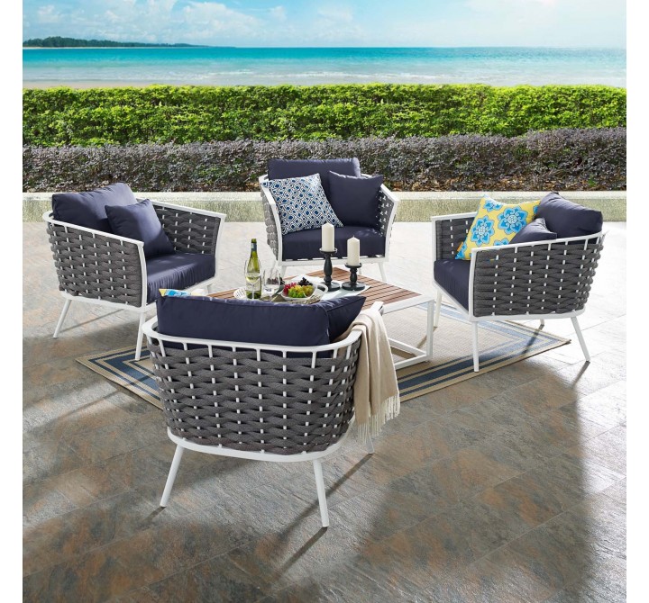 Modway Stance 5 Piece Outdoor Patio Aluminum Sectional Sofa Set - White Navy - Lifestyle