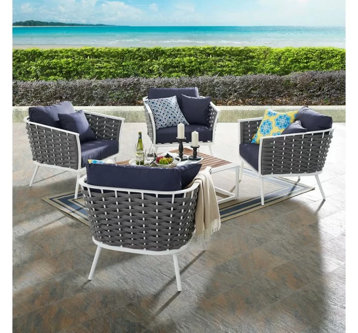 Modway Stance 5 Piece Outdoor Patio Aluminum Sectional Sofa Set - White Navy - Lifestyle