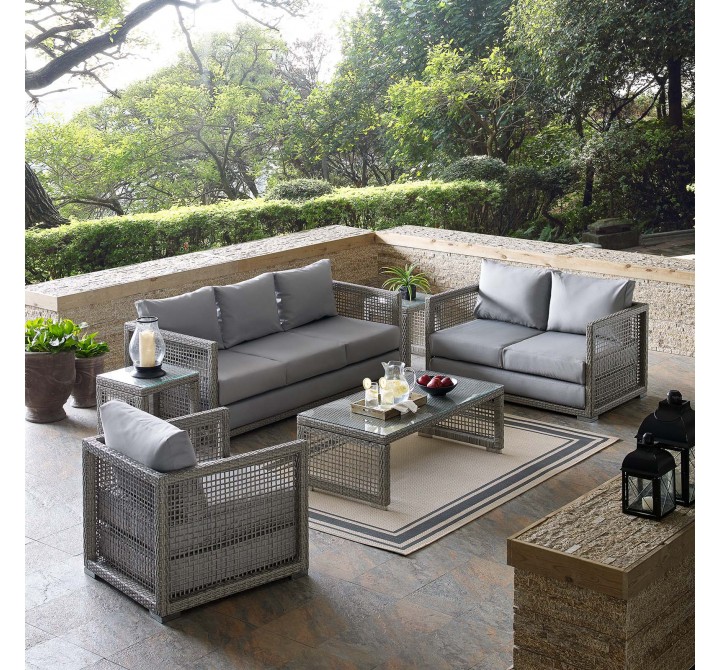 Modway Aura 6 Piece Outdoor Patio Wicker Rattan Set - Gray Gray - Lifestyle