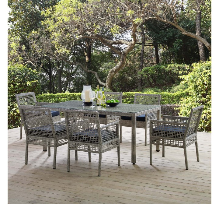 Modway Aura 7 Piece Outdoor Patio Wicker Rattan Set - Gray Navy - Lifestyle