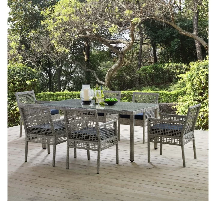 Modway Aura 7 Piece Outdoor Patio Wicker Rattan Set - Gray Navy - Lifestyle