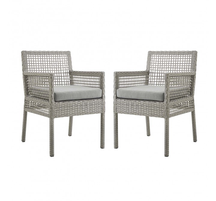 Modway Aura Dining Armchair Outdoor Patio Wicker Rattan in Gray Gray - Set of Two - Set in Front Side Angle