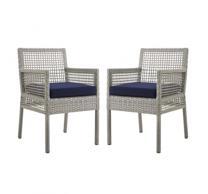 Modway Aura Dining Armchair Outdoor Patio Wicker Rattan in Gray Navy - Set of Two - Set in Front Angle