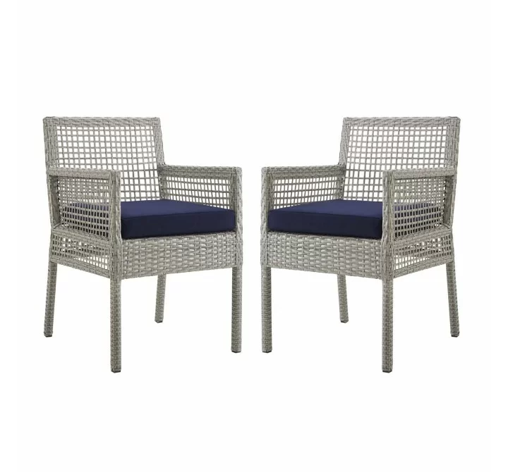 Modway Aura Dining Armchair Outdoor Patio Wicker Rattan in Gray Navy - Set of Two - Set in Front Angle