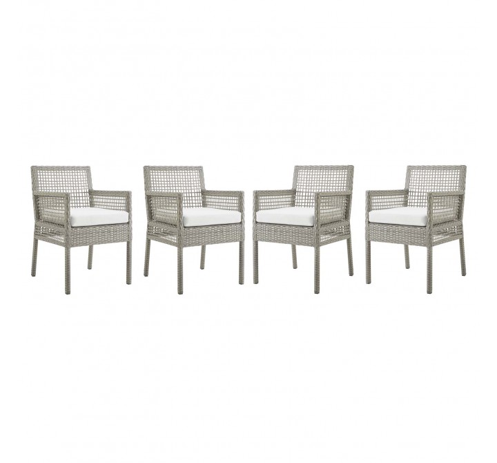 Modway Aura Dining Armchair Outdoor Patio Wicker Rattan in Gray White - Set of Four - Set in Front Angle