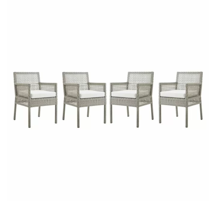 Modway Aura Dining Armchair Outdoor Patio Wicker Rattan in Gray White - Set of Four - Set in Front Angle