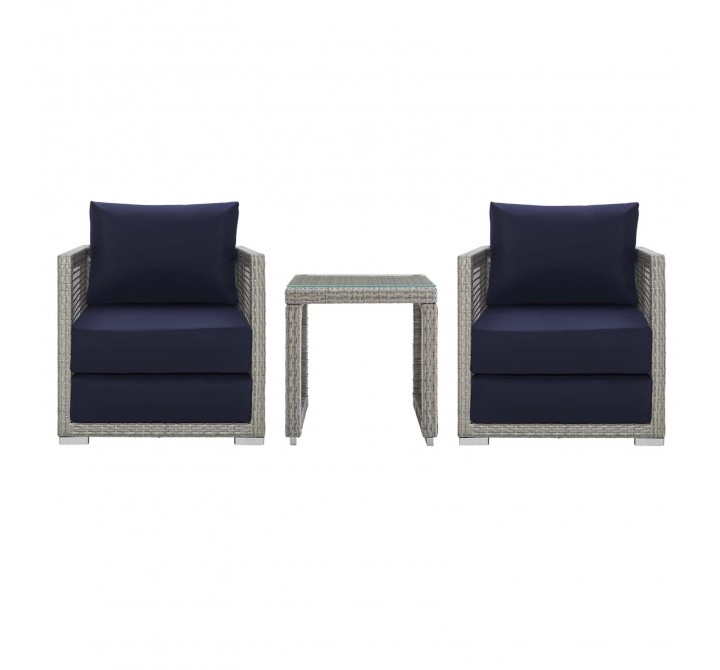 Modway Aura 3 Piece Outdoor Patio Wicker Rattan Set in Gray Navy - Set in Front Angle