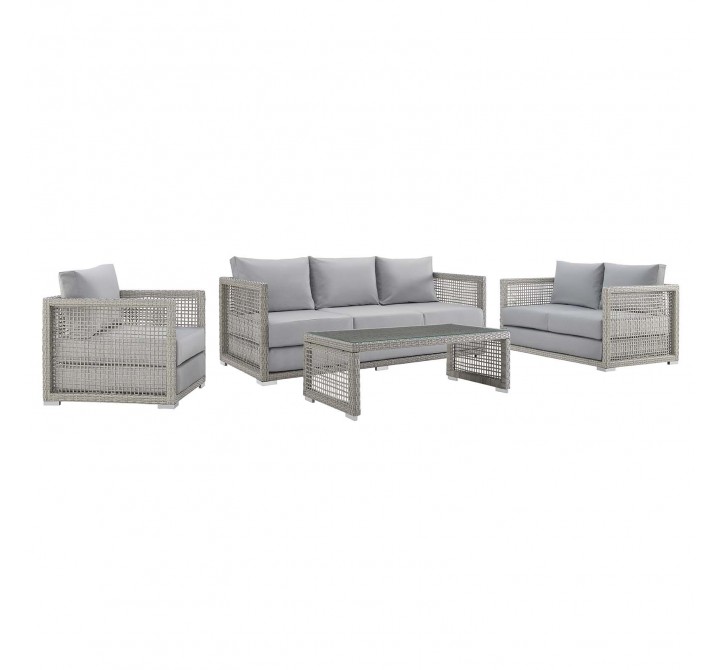Modway Aura 4 Piece Outdoor Patio Wicker Rattan Set - Gray Gray - Set in Front Side Angle
