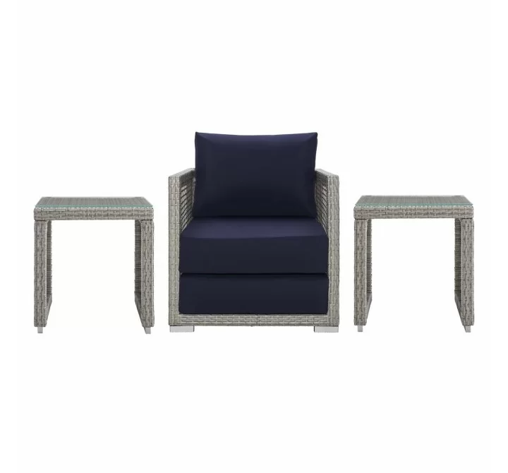 Modway Aura 3 Piece Outdoor Patio Wicker Rattan Set in Gray Navy - Set in Front Angle