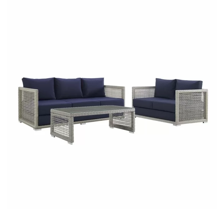 Modway Aura 3 Piece Outdoor Patio Wicker Rattan Set - Gray Navy - Set in Front Angle